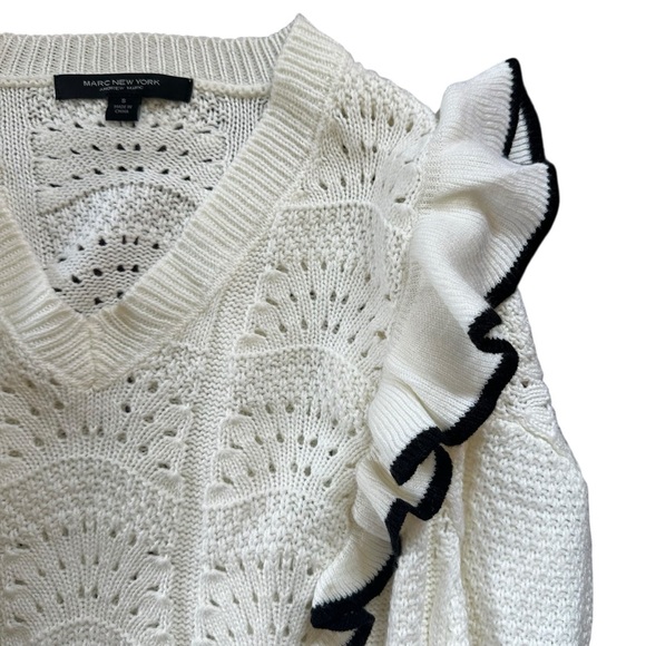 Marc New York Open Knot Ruffle V Neck Sweater White Black S - Picture 2 of 7